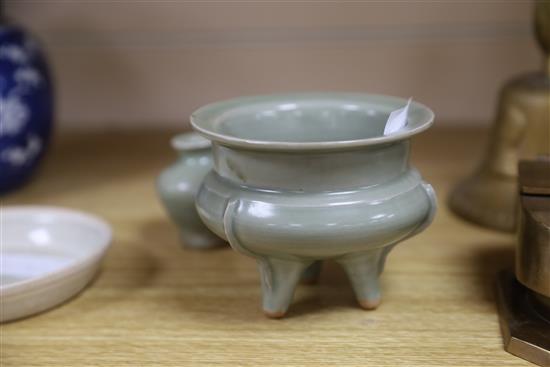 A Chinese celadon tripod censer and jarlet and a qingbai dish, censer 9cm high